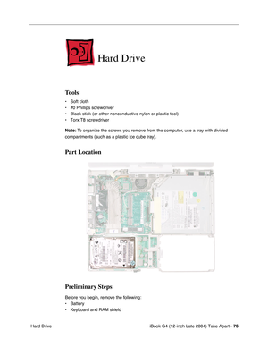 Page 77iBook G4 (12-inch Late 2004) Take Apart - 76
 Hard Drive
Hard Drive
Tools
• Soft cloth
• #0 Phillips screwdriver
• Black stick (or other nonconductive nylon or plastic tool)
• Torx T8 screwdriver
Note: To organize the screws you remove from the computer, use a tray with divided 
compartments (such as a plastic ice cube tray).
Part Location
Preliminary Steps
Before you begin, remove the following:
• Battery 
• Keyboard and RAM shield 