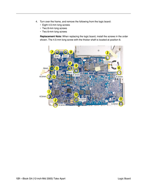 Page 122
121 - iBook G4 (12-inch Mid 2005) Take Apart
 Logic Board
4. Turn over the frame, and remove the following from the logic board: 
• Eight 4.5-mm long screws
• Two 8-mm long screws
• Two 6-mm long screws
Replacement Note:  When replacing the logic board, install the screws in the order 
shown. The 4.5-mm long screw with the thicker shaft is located at positi\
on 6. 