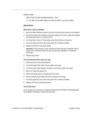 Page 187
 
4 -   
iBook G4 (12-inch Mid 2005) Troubleshooting  Symptom Charts
Related articles:
58442: Power On Self-Test Beep Definition - Part 2
111772: iBook (Dual USB): Beeps Are Heard at Startup (one to four bee\
ps) 
Hard Drive
 
Hard drive will not initialize
 
1. Boot from iBook Software Install CD and see if the hard drive mounts on the desktop.
2. Boot from the Mac OS X software install CD. Under the File menu, select Disk Utilities  and initialize the disk or run Disk First Aid.
3. If no hard drive is...