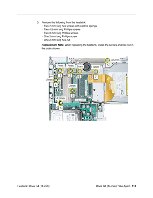 Page 111iBook G4 (14-inch) Take Apart - 110
 Heatsink: iBook G4 (14-inch)3. Remove the following from the heatsink:
• Two 7-mm long hex screws with captive springs
• Two 4.5-mm long Phillips screws
• Two 3-mm long Phillips screws
• One 2-mm long Phillips screw
• One 2-mm long hex nut 
Replacement Note: When replacing the heatsink, install the screws and hex nut in 
the order shown. 