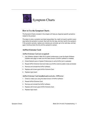 Page 175 
iBook G4 (14-inch) Troubleshooting - 
 
1
 
 Symptom Charts
 
Symptom Charts
 
How to Use the Symptom Charts
 
The Symptom Charts included in this chapter will help you diagnose speciﬁc symptoms 
related to the product. 
The steps to solve a symptom are listed sequentially. You might not need to perform every 
step before the symptom is solved. Start with the ﬁrst step, and then test for the symptom. 
If the symptom persists, replace any modules you removed, go to the next step, and test 
again....