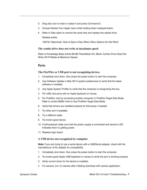 Page 181 
iBook G4 (14-inch) Troubleshooting - 
 
7
 
 Symptom Charts3. Drag disc icon to trash or select it and press Command-E.
4. Choose Restart from Apple menu while holding down trackpad button.
5. Refer to Take Apart to remove the stuck disc and replace the optical drive.
Related article:
106752: Macintosh: How to Eject a Disc When Other Options Do Not Work
 
The combo drive does not write at maximum speed
 
Refer to Knowledge Base article 86186: PowerBook G4, iBook: Combo Drive Does Not 
Write CD-R Media...