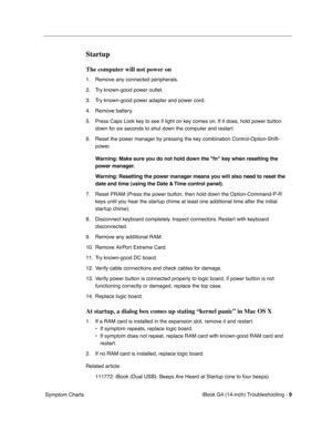 Page 183 
iBook G4 (14-inch) Troubleshooting - 
 
9
 
 Symptom Charts
 
Startup
 
The computer will not power on
 
1. Remove any connected peripherals.
2. Try known-good power outlet.
3. Try known-good power adapter and power cord.
4. Remove battery.
5. Press Caps Lock key to see if light on key comes on. If it does, hold power button 
down for six seconds to shut down the computer and restart.
6. Reset the power manager by pressing the key combination Control-Option-Shift-
power. 
 
Warning: Make sure you do...