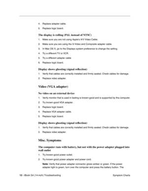 Page 186 
12 - 
 
iBook G4 (14-inch) Troubleshooting
 Symptom Charts 4. Replace adapter cable.
5. Replace logic board. 
 
The display is rolling (PAL instead of NTSC)
 
1. Make sure you are not using Apples A/V Video Cable.
2. Make sure you are using the S-Video and Composite adapter cable.
3. In Mac OS X, go to the Displays system preference to change the setting.
4. Try a different TV or VCR.
5. Try a different adapter cable
6. Replace logic board.
 
Display shows ghosting (signal reﬂection) 
 
1. Verify that...