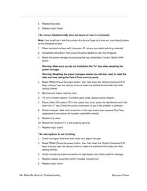 Page 188 
14 - 
 
iBook G4 (14-inch) Troubleshooting
 Symptom Charts 5. Replace top case.
6. Replace logic board.
 
The cursor intermittently does not move or moves erratically
 
Note:
 
 User must touch with the surface of only one ﬁnger at a time and point directly down 
on the trackpad surface.
1. Clean trackpad surface (with computer off, using a non-static-inducing material).
2. Completely shut down, then press the power button to start the computer.
3. Reset the power manager by pressing the key...