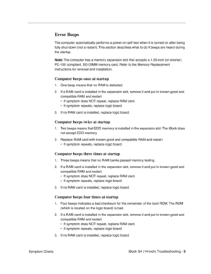 Page 177 
iBook G4 (14-inch) Troubleshooting - 
 
3
 
 Symptom Charts
 
Error Beeps
 
The computer automatically performs a power-on self test when it is turned on after being 
fully shut down (not a restart). This section describes what to do if beeps are heard during 
the startup.
 
Note:
 
 The computer has a memory expansion slot that accepts a 1.25-inch (or shorter) 
PC-100 compliant, SO-DIMM memory card. Refer to the Memory Replacement 
instructions for removal and installation.
 
Computer beeps once at...