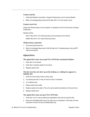 Page 180 
6 - 
 
iBook G4 (14-inch) Troubleshooting
 Symptom Charts
 
Cannot send fax
 
1. Check that Network connection in System Preferences is set to Internal Modem.
2. Refer to Knowledge Base article 25746: Mac OS X 10.3: Fax doesnt send.
 
Cannot receive fax
 
Check that Receive faxes on this computer is selected in the Print & Fax area of System 
Preferences.
Related articles:
25731: Mac OS X 10.3: Receiving faxes and connecting to the Internet
25596: Mac OS X 10.3: About Receiving Faxes
 
Modem drops...