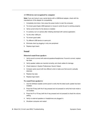 Page 168
 

8 - 
 
iBook G4 (14-inch Late 2004) Troubleshooting Symptom Charts
 
A USB device not recognized by computer
 
Note:
 
 If you are trying to use a serial device with a USB/Serial adapter, check with the 
manufacturer of the adapter for compatibility.
1. Completely shut down, then press the power button to start the computer.
2. Try known-good Apple USB keyboard or mouse to verify the port is working properly.
3. Verify current driver for the device is installed.
4. If a camera, turn on camera after...