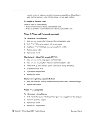 Page 172
 

12 - 
 
iBook G4 (14-inch Late 2004) Troubleshooting Symptom Charts
a certain number of subpixel anomalies is considered acceptable, and these factors 
apply to all manufacturers using LCD technology—not just Apple products.
 
Scrambled or distorted video
 
Check for video on external display.
• If video is fine on external display, replace LVDS cable.
• If video is scrambled or distorted on external display, replace LCD pane\
l.
 
Video (S-Video and Composite adapter)
 
No video on an external...