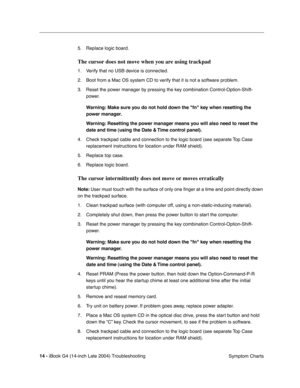 Page 174
 

14 - 
 
iBook G4 (14-inch Late 2004) Troubleshooting Symptom Charts
5. Replace logic board.
 
The cursor does not move when you are using trackpad
 
1. Verify that no USB device is connected.
2. Boot from a Mac OS system CD to verify that it is not a software problem.
3. Reset the power manager by pressing the key combination Control-Option-Shift-
power. 
 
Warning: Make sure you do not hold down the fn key when resetting the 
power manager.
Warning: Resetting the power manager means you will also...