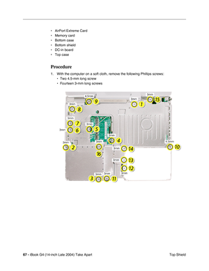 Page 6867 - iBook G4 (14-inch Late 2004) Take Apart
 Top Shield • AirPort Extreme Card
• Memory card
• Bottom case
• Bottom shield
• DC-in board
• Top case
Procedure
1. With the computer on a soft cloth, remove the following Phillips screws:
• Two 4.5-mm long screw
• Fourteen 3-mm long screws 