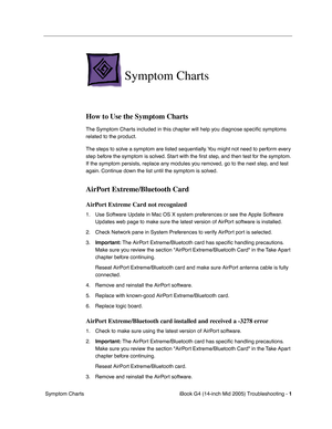 Page 186
 iBook G4 (14-inch Mid 2005) Troubleshooting - 
 
1
 
 Symptom Charts 
Symptom Charts
 
How to Use the Symptom Charts
  The Symptom Charts included in this chapter will help you diagnose speci ﬁc symptoms 
related to the product. 
The steps to solve a symptom are listed sequentially. You might not need to perform every 
step before the symptom is solved. Start with the  ﬁrst step, and then test for the symptom. 
If the symptom persists, replace any modules you removed, go to the next step, and test...