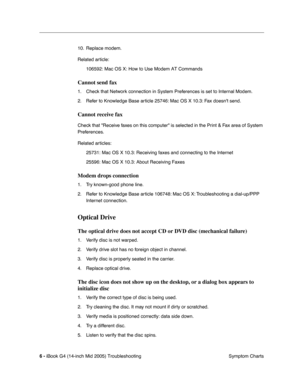 Page 191
 
6 -   
iBook G4 (14-inch Mid 2005) Troubleshooting  Symptom Charts
10. Replace modem.
Related article:
106592: Mac OS X: How to Use Modem AT Commands 
Cannot send fax
 
1. Check that Network connection in System Preferences is set to Internal Modem.
2. Refer to Knowledge Base article 25746: Mac OS X 10.3: Fax doesnt send. 
Cannot receive fax
 
Check that Receive faxes on this computer is selected in the Print & Fax area of System 
Preferences.
Related articles: 25731: Mac OS X 10.3: Receiving faxes...