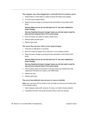 Page 199
 
14 -   
iBook G4 (14-inch Mid 2005) Troubleshooting  Symptom Charts 
The computer runs when plugged into a wall outlet but not on battery power
 
1. Reseat battery to verify battery is seated correctly with battery lock engaged.
2. Try known-good charged battery.
3. Reset the power manager by pressing the key combination Control-Option-Shift- power.   
Warning: Make sure you do not hold down the fn key when resetting the 
power manager.
Warning: Resetting the power manager means you will also need to...