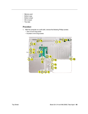 Page 61
iBook G4 (14-inch Mid 2005) Take Apart - 60
 Top Shield • Memory card
• Bottom case
• Bottom shield
• DC-in board
• Top case
Procedure
1. With the computer on a soft cloth, remove the following Phillips screws:
• Two 4.5-mm long screw
• Fourteen 3-mm long screws 