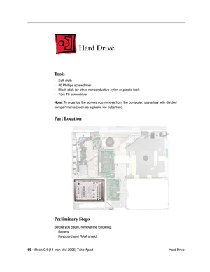 Page 70
69 - iBook G4 (14-inch Mid 2005) Take Apart
 Hard Drive
Hard Drive
Tools
• Soft cloth
• #0 Phillips screwdriver
• Black stick (or other nonconductive nylon or plastic tool)
• Torx T8 screwdriver
Note: To organize the screws you remove from the computer, use a tray with divided 
compartments (such as a plastic ice cube tray).
Part Location
Preliminary Steps
Before you begin, remove the following:
• Battery 
• Keyboard and RAM shield 