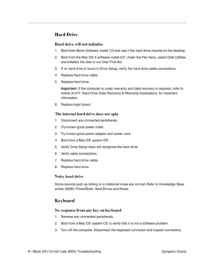Page 179 
4 - 
 
iBook G4 (12-inch Late 2004) Troubleshooting
 Symptom Charts
 
Hard Drive
 
Hard drive will not initialize
 
1. Boot from iBook Software Install CD and see if the hard drive mounts on the desktop.
2. Boot from the Mac OS X software install CD. Under the File menu, select Disk Utilities 
and initialize the disk or run Disk First Aid.
3. If no hard drive is found in Drive Setup, verify the hard drive cable connections.
4. Replace hard drive cable.
5. Replace hard drive.
 
Important:
 
 If the...