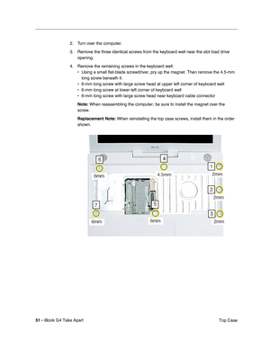 Page 5251 - iBook G4 Take Apart
 Top Case 2. Turn over the computer. 
3. Remove the three identical screws from the keyboard well near the slot load drive 
opening.
4. Remove the remaining screws in the keyboard well:
• Using a small flat-blade screwdriver, pry up the magnet. Then remove the 4.5-mm 
long screw beneath it.
• 6-mm long screw with large screw head at upper left corner of keyboard well
• 6-mm long screw at lower left corner of keyboard well
• 6-mm long screw with large screw head near keyboard...
