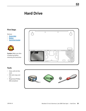 Page 121MacBook (13-inch, Aluminum, Late 2008) Take Apart — Hard Drive 121 2010-06-15
First Steps
Remove:
• Access door
• Battery
• Hard drive bracket
Caution: Make sure data 
is backed up before 
removing the hard drive.
Tools
• Clean, soft, lint-free 
cloth
• ESD wrist strap and 
mat
• Magnetized Phillips 
#00 screwdriver
Hard Drive  