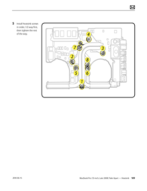 Page 189MacBook Pro (15-inch, Late 2008) Take Apart — Heatsink 189 2010-06-15
5 Install heatsink screws 
in order, 1/2 way first, 
then tighten the rest 
of the way.  