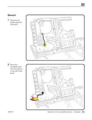 Page 202MacBook Pro (15-inch, Late 2008) Take Apart — Left Speaker 202 2010-06-15
Removal
1 Disconnect the 
speaker cable from 
logic board.
2 Disconnect 
microphone cable 
from the connector 
on top side of logic 
board.  