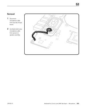 Page 205MacBook Pro (15-inch, Late 2008) Take Apart — Microphone  205 2010-06-15
Removal
1 Disconnect 
microphone cable 
from top side of logic 
board.
2 Use black stick to pry 
microphone cable 
from groove on 
speaker assembly.  