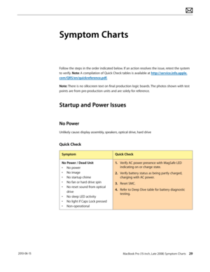 Page 29MacBook Pro (15-inch, Late 2008) Symptom Charts 29 2010-06-15
Symptom Charts
Follow the steps in the order indicated below. If an action resolves the issue, retest the system 
to verify. Note: A compilation of Quick Check tables is available at http://service.info.apple.
com/QRS/en/quickreference.pdf.
Note: There is no silkscreen text on final production logic boards. The photos shown with test 
points are from pre-production units and are solely for reference.
Startup and Power Issues
No Power
Unlikely...