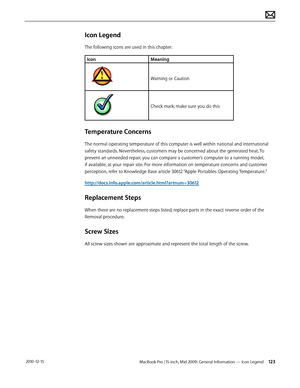 Page 123MacBook Pro (15-inch, Mid 2009) General Information — Icon Legend 123 2010-12-15
Icon Legend
The following icons are used in this chapter:
IconMeaning
Warning or Caution
Check mark; make sure you do this
Temperature Concerns
The normal operating temperature of this computer is well within national and international 
safety standards. Nevertheless, customers may be concerned about the generated heat. To 
prevent an unneeded repair, you can compare a customer’s computer to a running model, 
if available,...