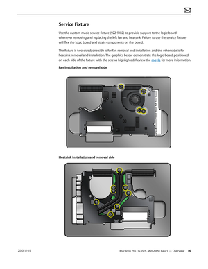 Page 16MacBook Pro (15-inch, Mid 2009) Basics — Overview 16 2010-12-15
Service Fixture
Use the custom-made service fixture (922-9102) to provide support to the logic board 
whenever removing and replacing the left fan and heatsink. Failure to use the service fixture 
will flex the logic board and strain components on the board. 
The fixture is two-sided; one side is for fan removal and installation and the other side is for 
heatsink removal and installation. The graphics below demonstrate the logic board...