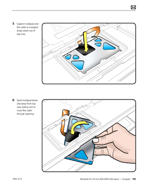 Page 196MacBook Pro (15-inch, Mid 2009) Take Apart — Trackpad 196 2010-12-15
5 Support trackpad and 
flex cable as trackpad 
drops down out of 
top case.
6 Spiral trackpad down 
and away from top 
case, taking care to 
route flex cable 
through opening.  