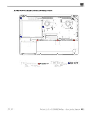 Page 220MacBook Pro (15-inch, Mid 2009) Take Apart — Screw Location Diagrams 220 2010-12-15
Battery and Optical Drive Assembly Screws   