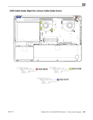 Page 221MacBook Pro (15-inch, Mid 2009) Take Apart — Screw Location Diagrams 221 2010-12-15
LVDS Cable Guide, Right Fan, Camera Cable Guide Screws  