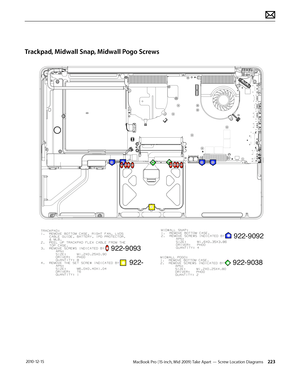 Page 223MacBook Pro (15-inch, Mid 2009) Take Apart — Screw Location Diagrams 223 2010-12-15
Trackpad, Midwall Snap, Midwall Pogo Screws  