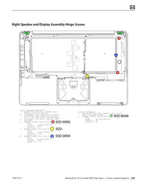 Page 224MacBook Pro (15-inch, Mid 2009) Take Apart — Screw Location Diagrams 224 2010-12-15
Right Speaker and Display Assembly Hinge Screws  