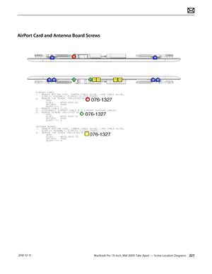 Page 227MacBook Pro (15-inch, Mid 2009) Take Apart — Screw Location Diagrams 227 2010-12-15
AirPort Card and Antenna Board Screws  