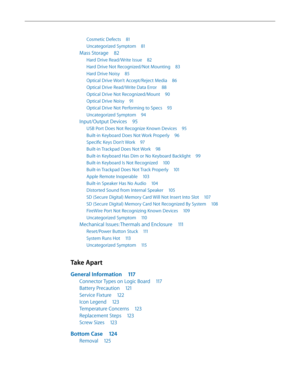 Page 5Cosmetic Defects 81
Uncategorized Symptom  81
Mass Storage 82
Hard Drive Read/Write Issue  82
Hard Drive Not Recognized/Not Mounting  83
Hard Drive Noisy 85
Optical Drive Won’t Accept/Reject Media  86
Optical Drive Read/Write Data Error 88
Optical Drive Not Recognized/Mount  90
Optical Drive Noisy 91
Optical Drive Not Performing to Specs  93
Uncategorized Symptom 94
Input/Output Devices 95
USB Port Does Not Recognize Known Devices  95
Built-in Keyboard Does Not Work Properly 96
Specific Keys Don’t Work...