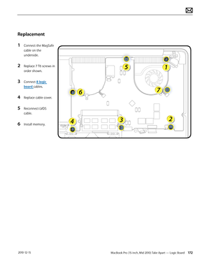 Page 172MacBook Pro (15-inch, Mid 2010) Take Apart — Logic Board 172 2010-12-15
Replacement
1 Connect the MagSafe 
cable on the 
underside.
2 Replace 7 T6 screws in 
order shown. 
3 Connect 8 logic 
board cables.
4 Replace cable cover.
5 Reconnect LVDS 
cable.
6 Install memory.  