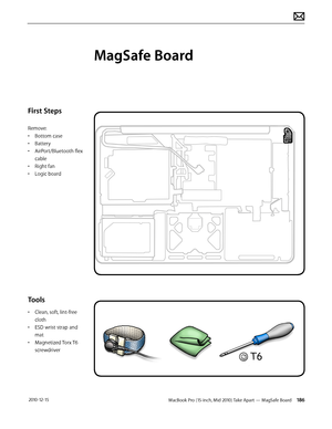 Page 186MacBook Pro (15-inch, Mid 2010) Take Apart — MagSafe Board 186 2010-12-15
First Steps
Remove:
• Bottom case
• Battery
• AirPort/Bluetooth flex 
cable
• Right fan
• Logic board
Tools
• Clean, soft, lint-free 
cloth
• ESD wrist strap and 
mat
• Magnetized Torx T6 
screwdriver
MagSafe Board  