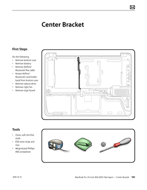 Page 190MacBook Pro (15-inch, Mid 2010) Take Apart — Center Bracket 190 2010-12-15
First Steps
Do the following:
• Remove bottom case
• Remove battery
• Remove AirPort/
Bluetooth flex cable
• Rotate AirPort/
Bluetooth card holder 
back from bottom case
• Remove optical drive
• Remove right fan
• Remove logic board
Tools
• Clean, soft, lint-free 
cloth
• ESD wrist strap and 
mat
• Magnetized Phillips 
#00 screwdriver
Center Bracket  