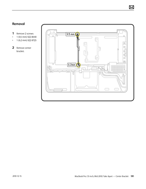 Page 191MacBook Pro (15-inch, Mid 2010) Take Apart — Center Bracket 191 2010-12-15
Removal
1 Remove 2 screws:
• 1 (9.5 mm) 922-8648
• 1 (6.2 mm) 922-8725
2 Remove center 
bracket.  