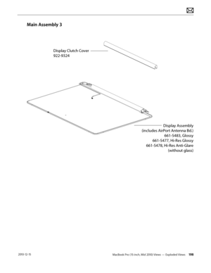 Page 198MacBook Pro (15-inch, Mid 2010) Views — Exploded Views 198 2010-12-15
Main Assembly 3
Display Clutch Cover
922\f9324
Display Assembly
(includes AirP\frt Antenna Bd.\b 661-5483, Gl\fssy
661-5477, Hi-Res Gl\fssy
661-5478, Hi-Res Anti-Glare (with\fut glass\b  