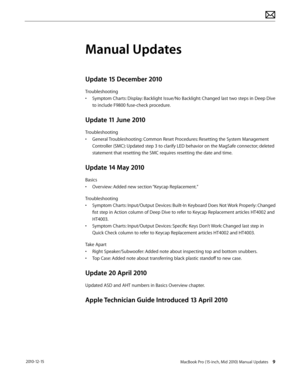 Page 9MacBook Pro (15-inch, Mid 2010) Manual Updates 9 2010-12-15
Manual Updates
Update 15 December 2010
Troubleshooting
• Symptom Charts: Display: Backlight Issue/No Backlight: Changed last two steps in Deep Dive 
to include F9800 fuse-check procedure.
Update 11 June 2010
Troubleshooting
• General Troubleshooting: Common Reset Procedures: Resetting the System Management 
Controller (SMC): Updated step 3 to clarify LED behavior on the MagSafe connector; deleted 
statement that resetting the SMC requires...
