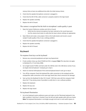 Page 183MacBook Pro 17-inch (original, Core 2 Duo, 2.4/2.6GHz, 2008) Troubleshooting — Hardware Symptom Charts 18 3
startup chime at least one additional time after the initial startup chime).
Check that the speaker/microphone connector is plugged in.
4.  
Check that the left I/O flex cable connector is properly seated on the logic board.
5. 
Replace the speaker assembly.
6.  
Replace the left I/O board.
7.  
The camera is recognized but the built-in microphone’s audio quality is poor
Open the System Preferences...