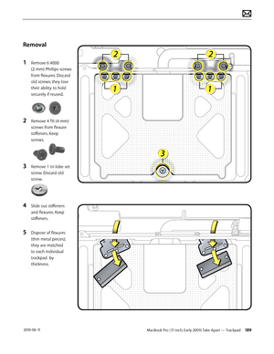 Page 189MacBook Pro (17-inch, Early 2009) Take Apart — Trackpad 189 2010-06-11
Removal
1 Remove 6 #000 
(2-mm) Phillips screws 
from flexures. Discard 
old screws; they lose 
their ability to hold 
securely if reused.
2 Remove 4 T6 (4-mm) 
screws from flexure 
stiffeners. Keep 
screws.
3 Remove 1 tri-lobe set 
screw. Discard old 
screw.
4 Slide out stiffeners 
and flexures. Keep 
stiffeners.
5 Dispose of flexures 
(thin metal pieces); 
they are matched 
to each individual 
trackpad  by 
thickness.  