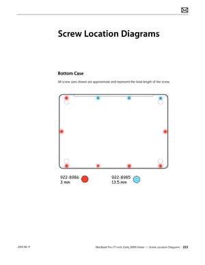 Page 223MacBook Pro (17-inch, Early 2009) Views — Screw Location Diagrams 223 2010-06-11
Screw Location Diagrams
Bottom Case
All screw sizes shown are approximate and represent the total length of the screw.  