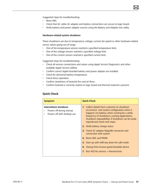 Page 37MacBook Pro (17-inch, Early 2009) Symptom Charts — Startup and Power Issues 37 2010-06-11
Suggested steps for troubleshooting:
• Reset SMC.
• Check that AC cable, AC adapter and battery connections are secure to logic board.
• Verify battery and power adapter sources using the Battery and Adapter test utility.
Hardware-related system shutdown
These shutdowns are due to temperature, voltage, current, fan speed or other hardware-related 
sensor values going out of range.
• One of the temperature sensors...