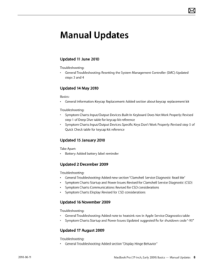 Page 8MacBook Pro (17-inch, Early 2009) Basics — Manual Updates 8 2010-06-11
Manual Updates
Updated 11 June 2010
Troubleshooting:
• General Troubleshooting: Resetting the System Management Controller (SMC): Updated 
steps 3 and 4
Updated 14 May 2010
Basics:
• General Information: Keycap Replacement: Added section about keycap replacement kit
Troubleshooting:
• Symptom Charts: Input/Output Devices: Built-In Keyboard Does Not Work Properly: Revised 
step 1 of Deep Dive table for keycap kit reference
• Symptom...