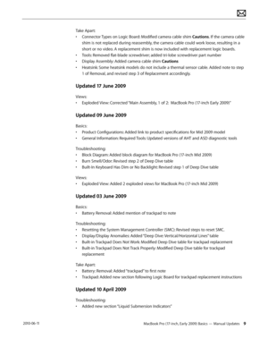 Page 9MacBook Pro (17-inch, Early 2009) Basics — Manual Updates 9 2010-06-11
Take Apart:
• Connector Types on Logic Board: Modified camera cable shim Cautions. If the camera cable 
shim is not replaced during reassembly, the camera cable could work loose, resulting in a 
short or no video. A replacement shim is now included with replacement logic boards.
• Tools: Removed flat-blade screwdriver; added tri-lobe screwdriver part number
• Display Assembly: Added camera cable shim Cautions  
• Heatsink: Some...