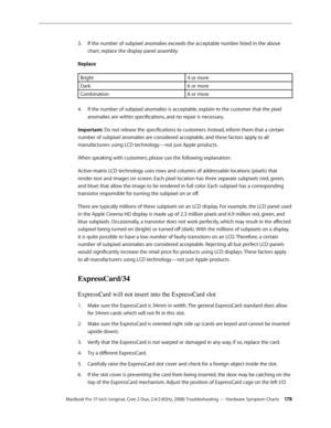 Page 178MacBook Pro 17-inch (original, Core 2 Duo, 2.4/2.6GHz, 2008) Troubleshooting — Hardware Symptom Charts 17 8
If the number of subpixel anomalies exceeds the acceptable number listed in the above 
3. 
chart, replace the display panel assembly.
Replace
Bright 4 or more
Dark 6 or more
Combination 8 or more
If the number of subpixel anomalies is acceptable, explain to the customer that the pixel 
4.  
anomalies are within specifications, and no repair is necessary.
Important: Do not release the specifications...