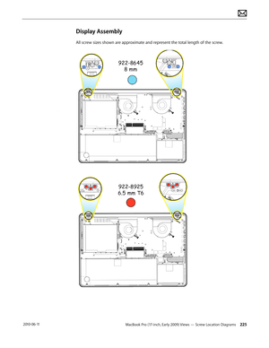 Page 225MacBook Pro (17-inch, Early 2009) Views — Screw Location Diagrams 225 2010-06-11
Display Assembly
All screw sizes shown are approximate and represent the total length of the screw.  